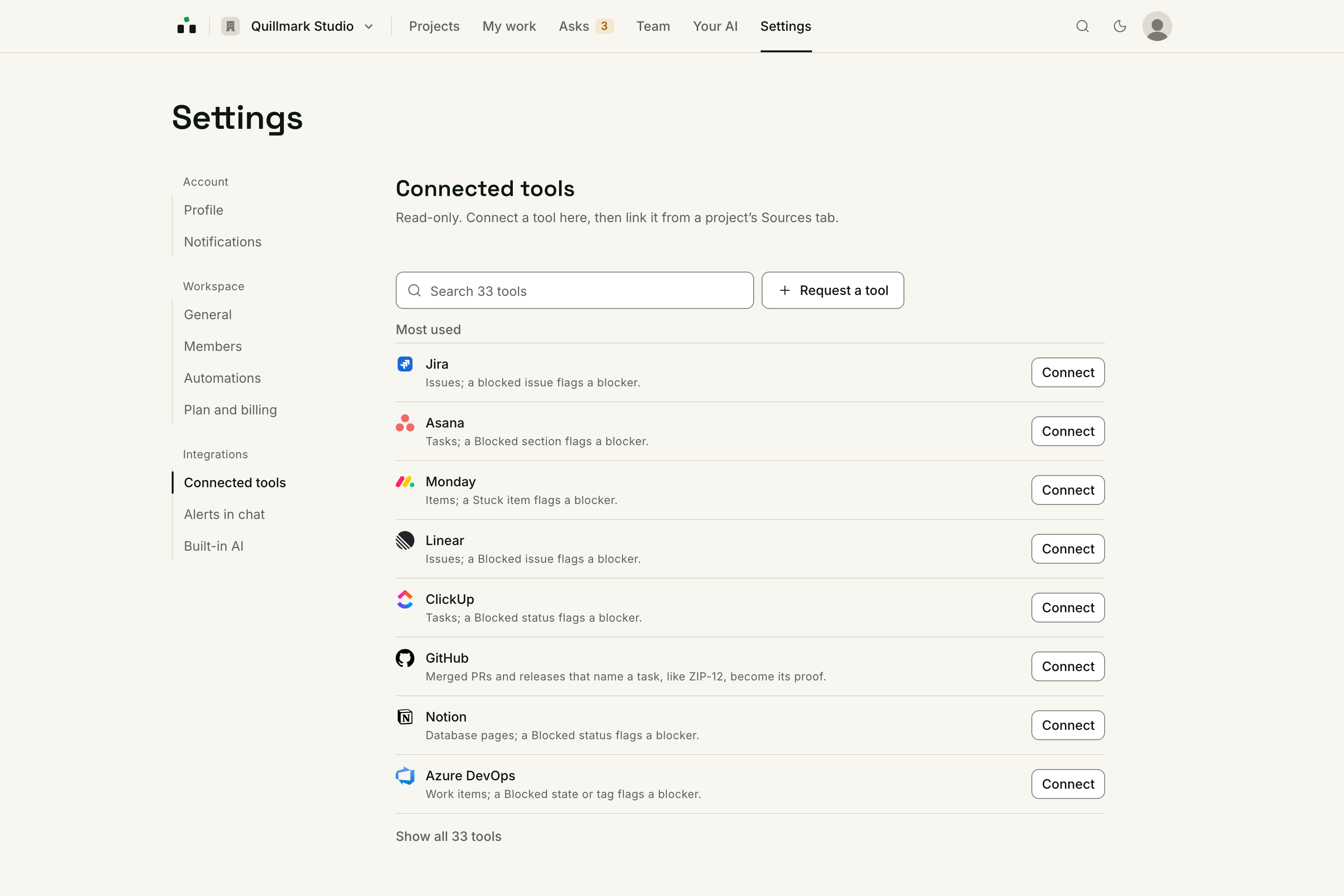 Settings, Connected tools: a searchable list of the tools a team can connect read-only, each with a Connect button.